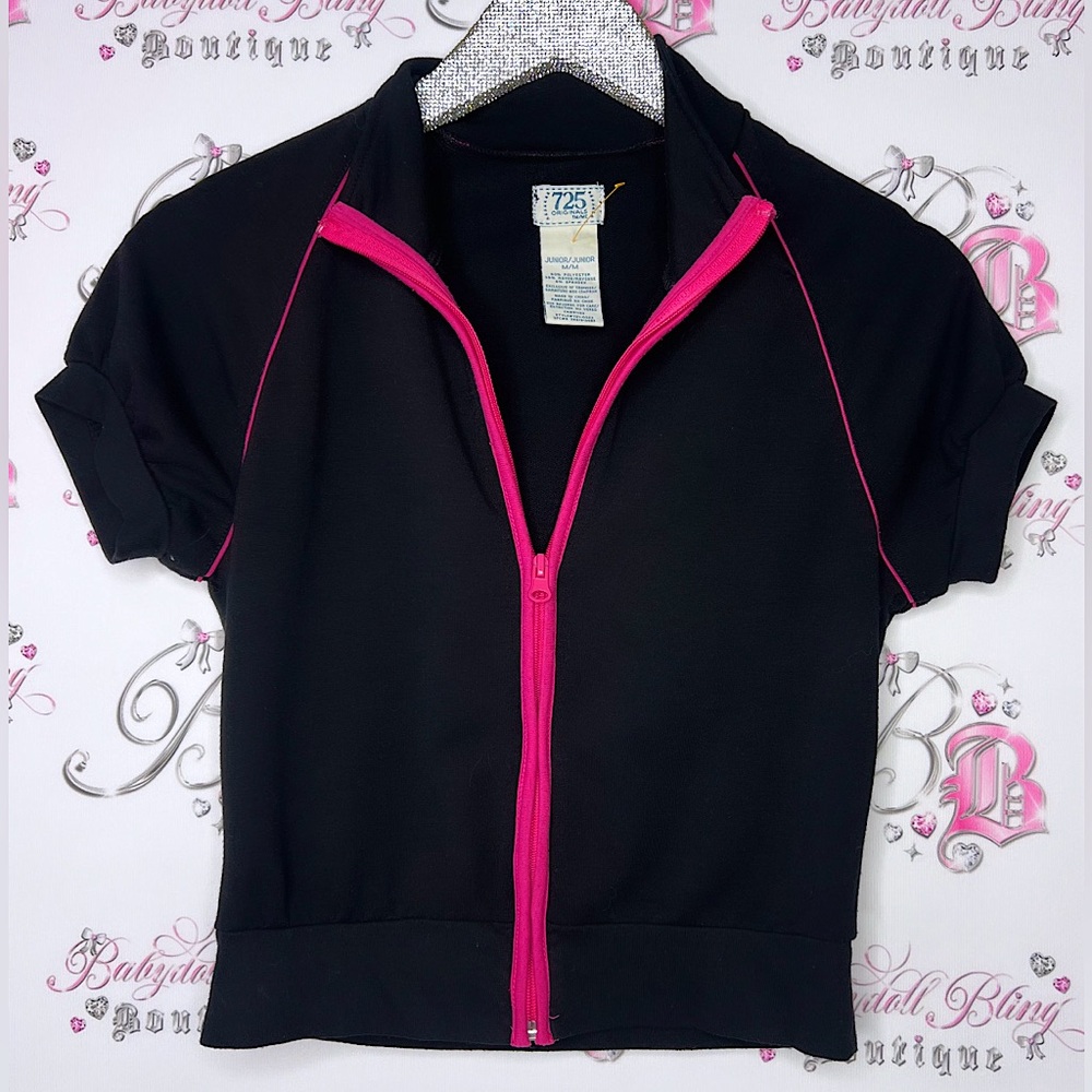725 originals sweater tshirt zip up black pink y2k striped trim work out yoga